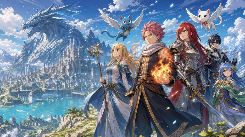 Natsu, Lucy, Erza, Gray, Wendy, Happy, and Carla begin the 100 Years Quest on the northern continent of Guiltina