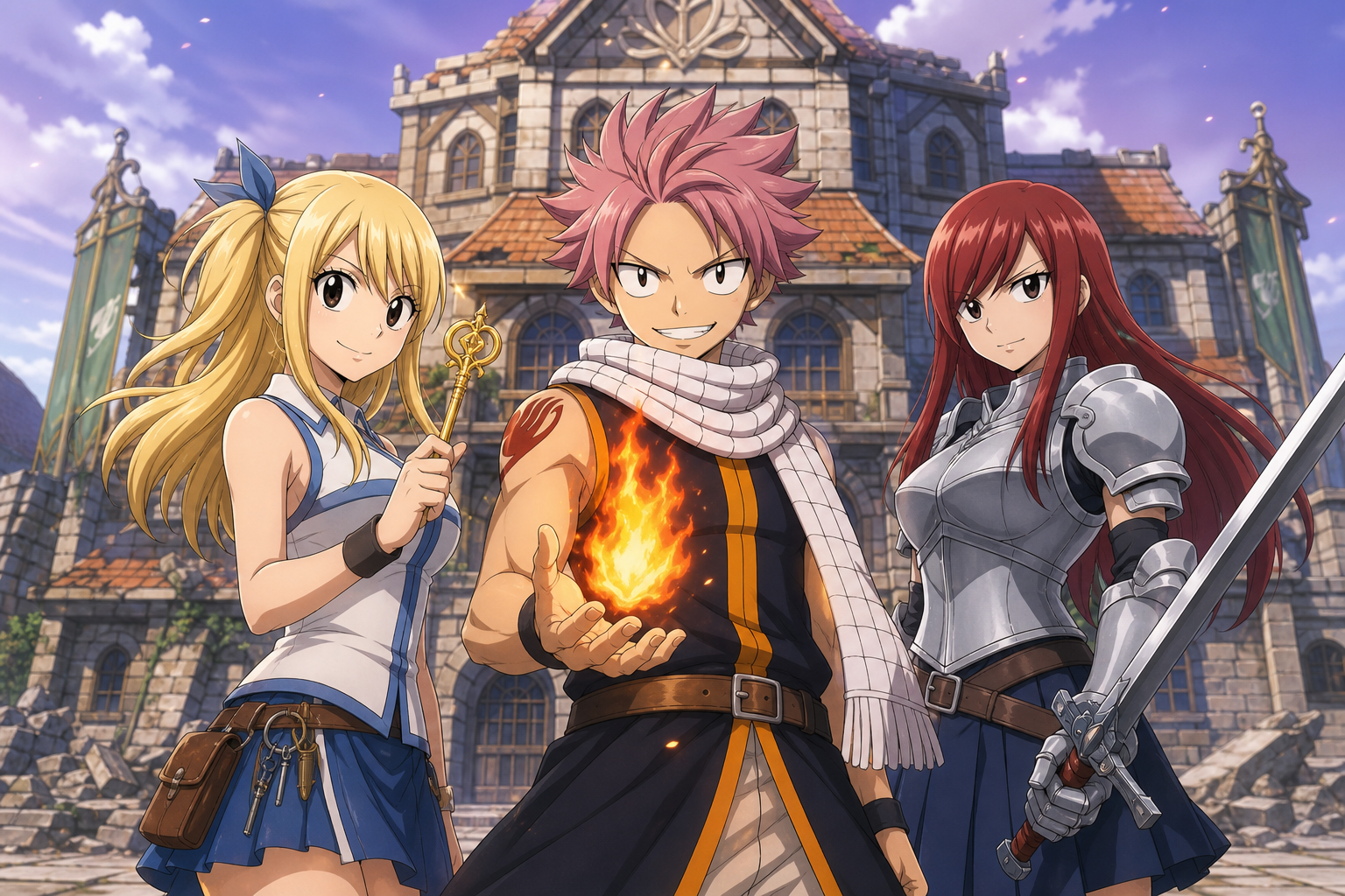 Lucy, Natsu and Erza represent the Fairy Tail 2014 television return in original fan art