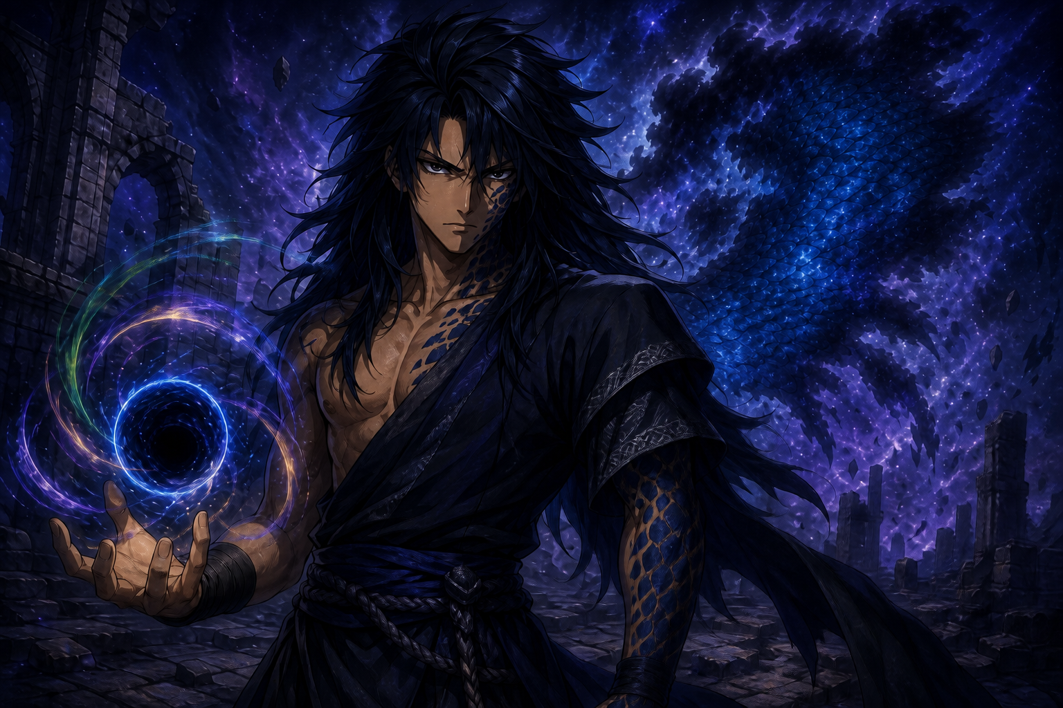 Human-form Acnologia absorbs magic beneath an abstract dragon-wing storm shadow in original Fairy Tail character-profile fan art