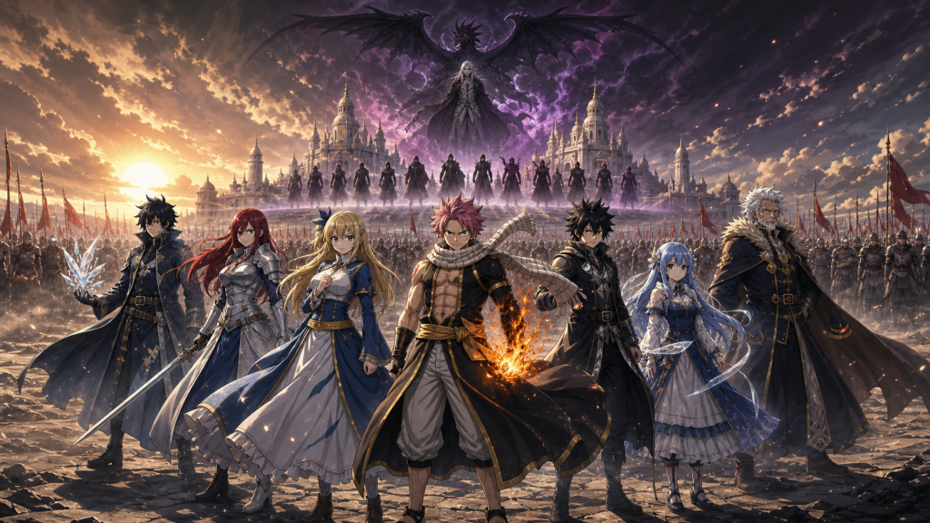 Fairy Tail members face the Alvarez army, the Spriggan Twelve, Zeref, and Acnologia across a vast dawn battlefield