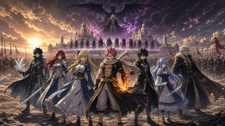Fairy Tail members face the Alvarez army, the Spriggan Twelve, Zeref, and Acnologia across a vast dawn battlefield