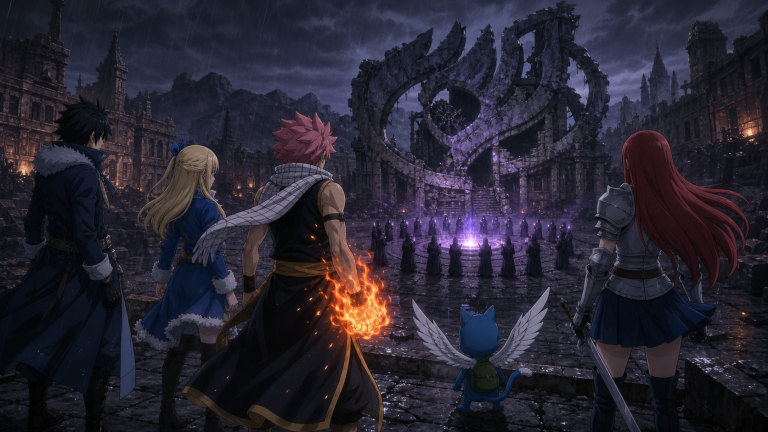 Natsu, Lucy, Gray, Erza, and Happy face an Avatar cult ritual in a ruined rain-darkened city
