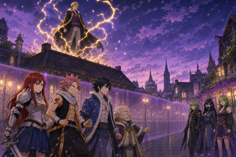 Erza, Natsu, Gray, and Makarov face Laxus and the Thunder God Tribe across a protective barrier in Magnolia