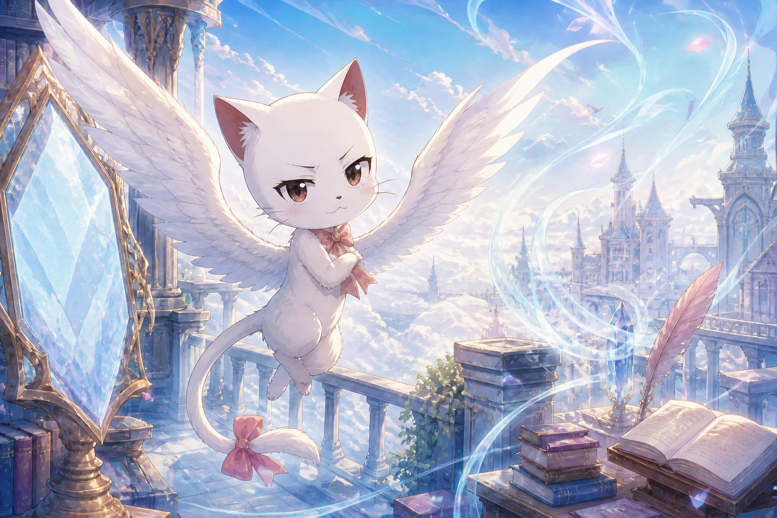 Carla flies with Aera above Extalia with a white tail and pink bows