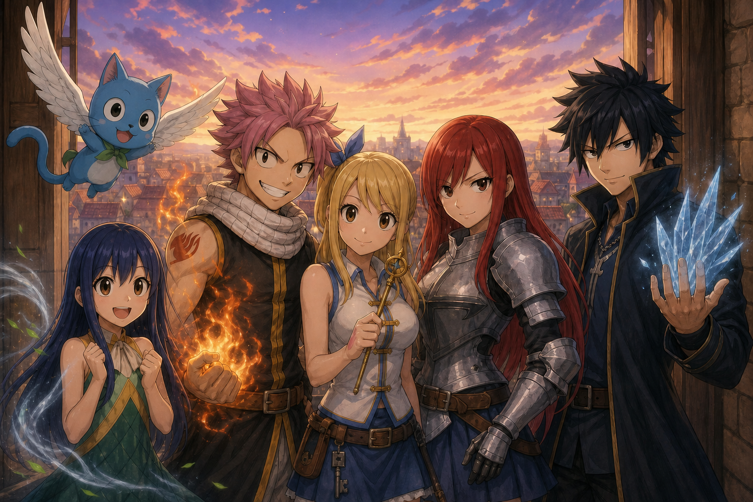 Natsu, Lucy, Erza, Gray, Wendy and Happy gather inside the Fairy Tail guild hall