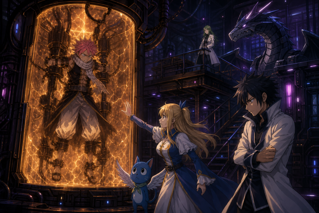 Natsu trapped inside an amber magical chamber as Lucy, Happy, and Gray face Daphne and an artificial dragon