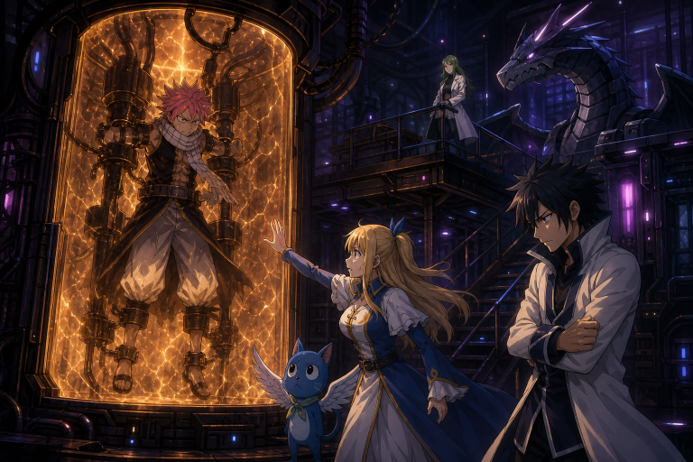 Natsu trapped inside an amber magical chamber as Lucy, Happy, and Gray face Daphne and an artificial dragon