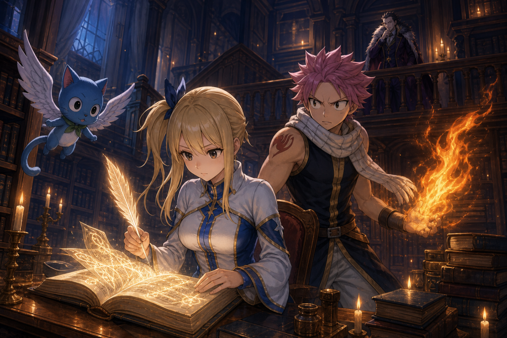 Lucy deciphers a magically altered book while Natsu and Happy guard her inside Everlue Mansion