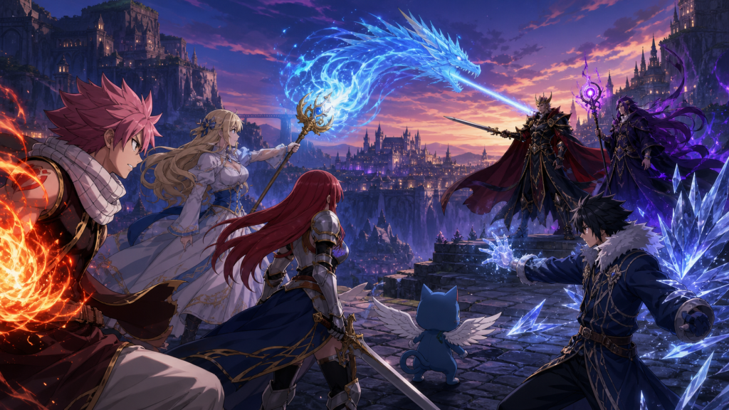 Natsu, Lucy, Erza, Gray, and Happy confront Animus and Zash above Stella as the Dragon Cry releases dragon-shaped magic