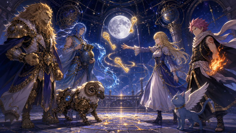 Lucy reaches across a moonlit observatory toward altered celestial spirits as glowing keys hang between them