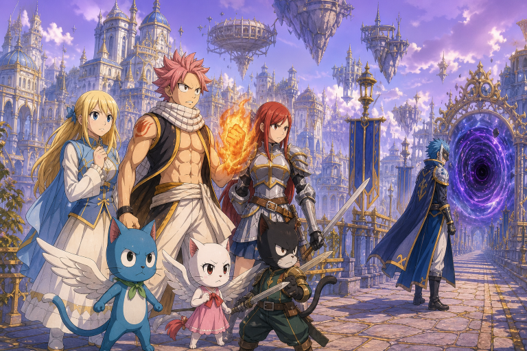 Natsu, Lucy, Erza, Happy, Carla, and Panther Lily stand in the floating kingdom of Edolas near a magical portal