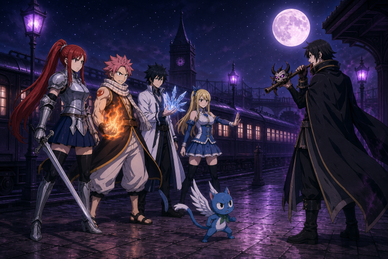 Erza, Natsu, Gray, Lucy, and Happy confront Kageyama and the cursed Lullaby flute at a moonlit station