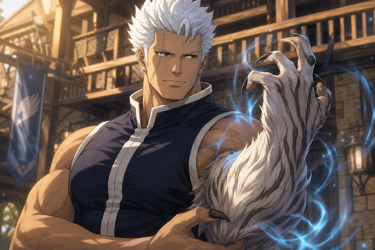 Elfman Strauss uses Beast Soul magic before the Fairy Tail guild hall