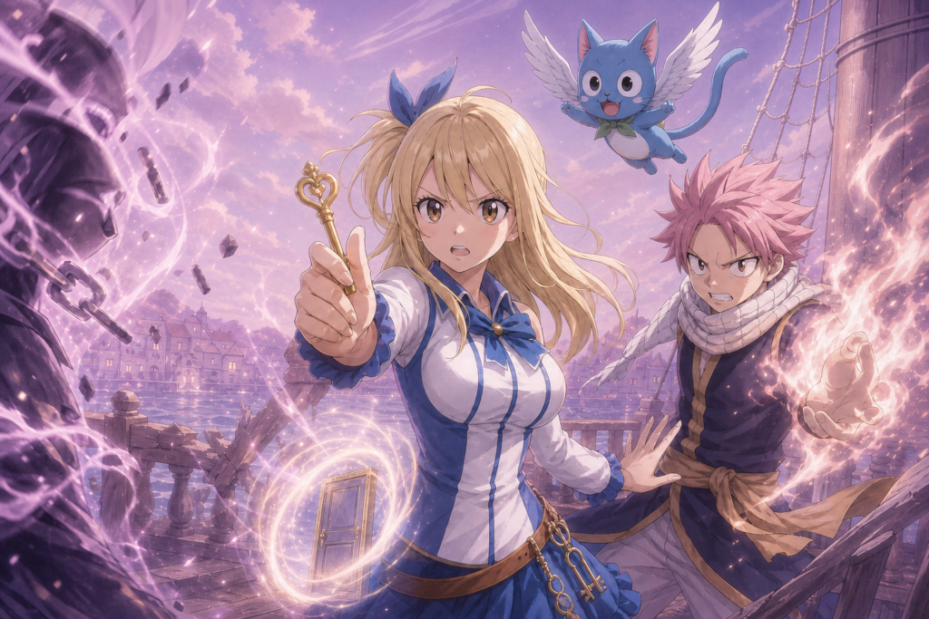 Lucy holds a Celestial Spirit key as Natsu and Happy confront danger near a ship in Hargeon