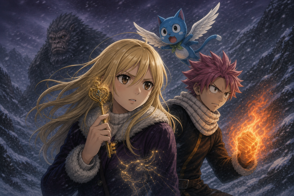 Lucy holds a Celestial Spirit key beside Natsu and Happy while a Vulcan waits in the Mount Hakobe blizzard