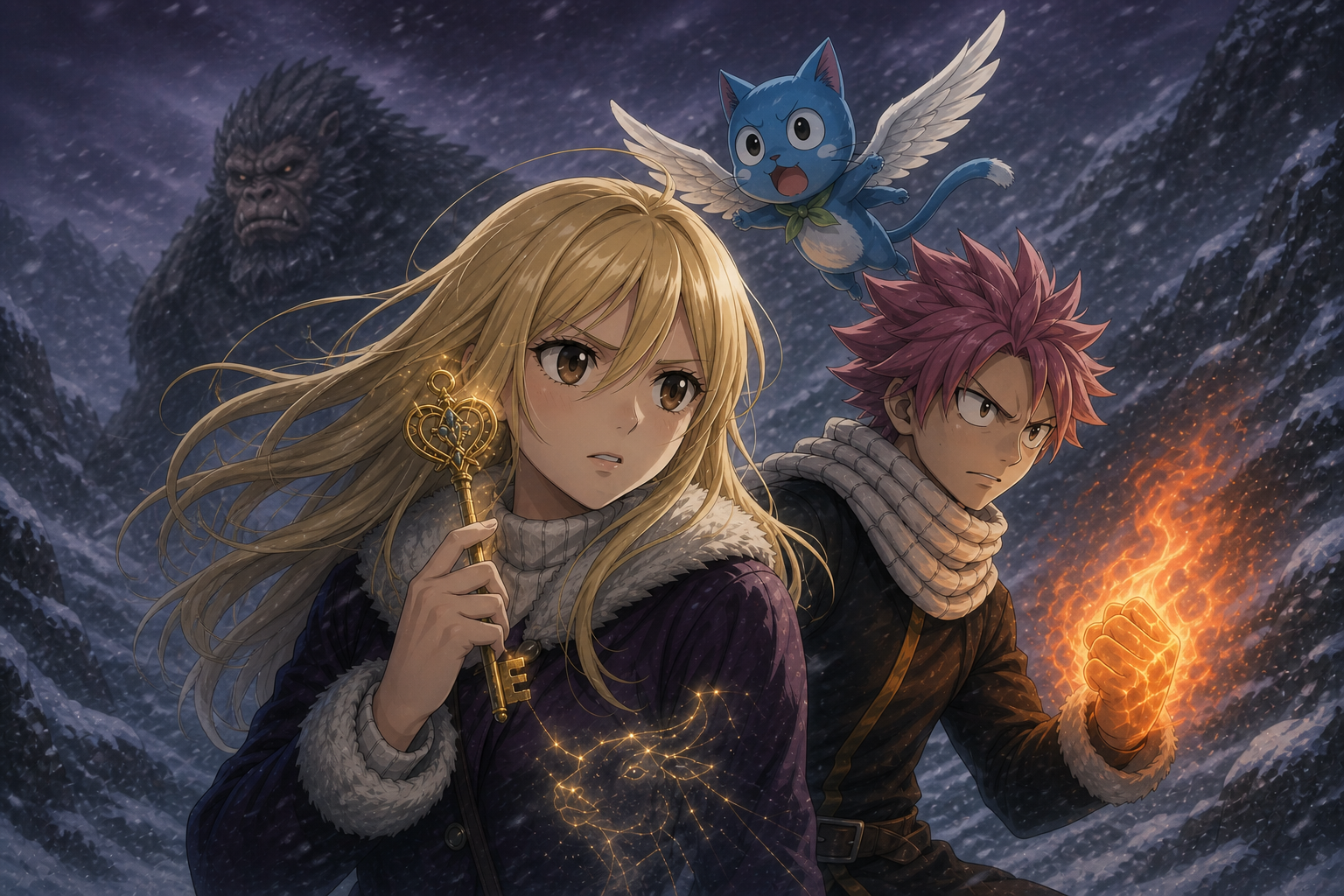 Lucy holds a Celestial Spirit key beside Natsu and Happy while a Vulcan waits in the Mount Hakobe blizzard