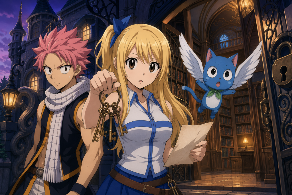 Lucy holds her Celestial Spirit keys and a job request beside Natsu and flying Happy at the locked entrance to Everlue's mansion
