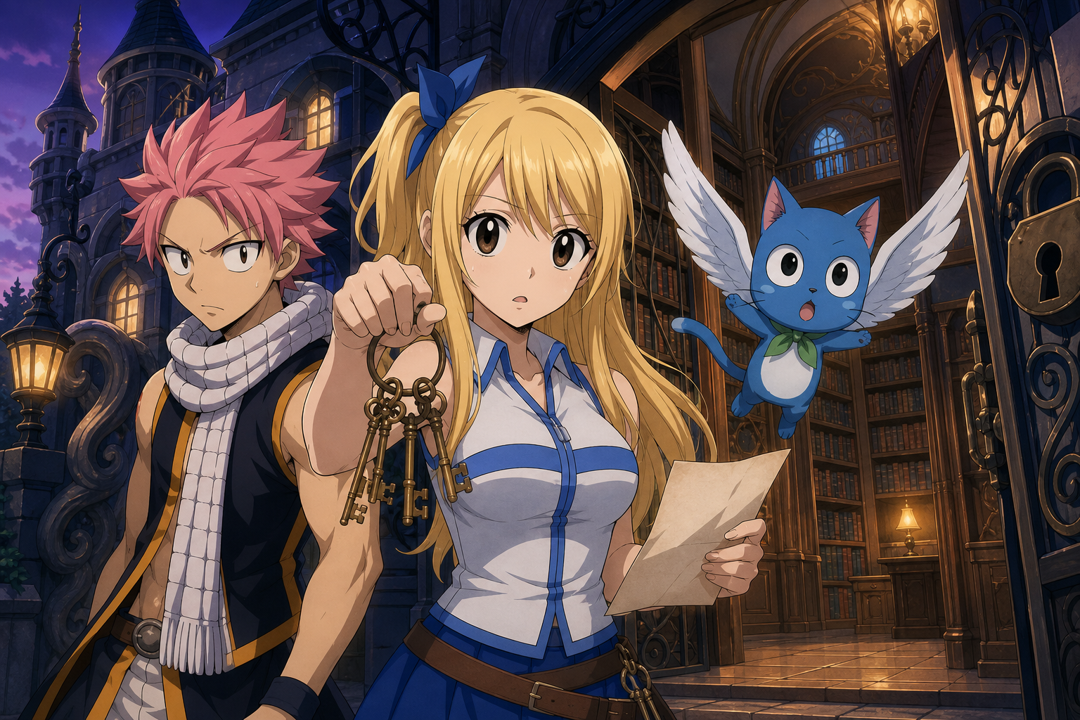Lucy holds her Celestial Spirit keys and a job request beside Natsu and flying Happy at the locked entrance to Everlue’s mansion