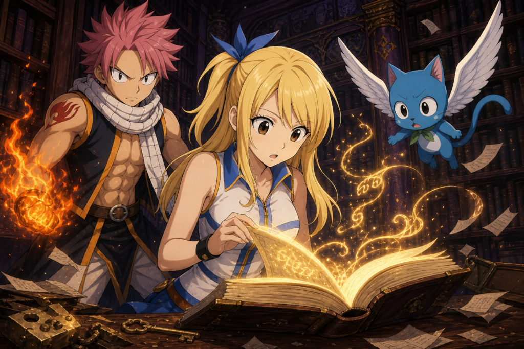 Lucy reads Daybreak while Natsu and flying Happy guard her inside Everlue's mansion library