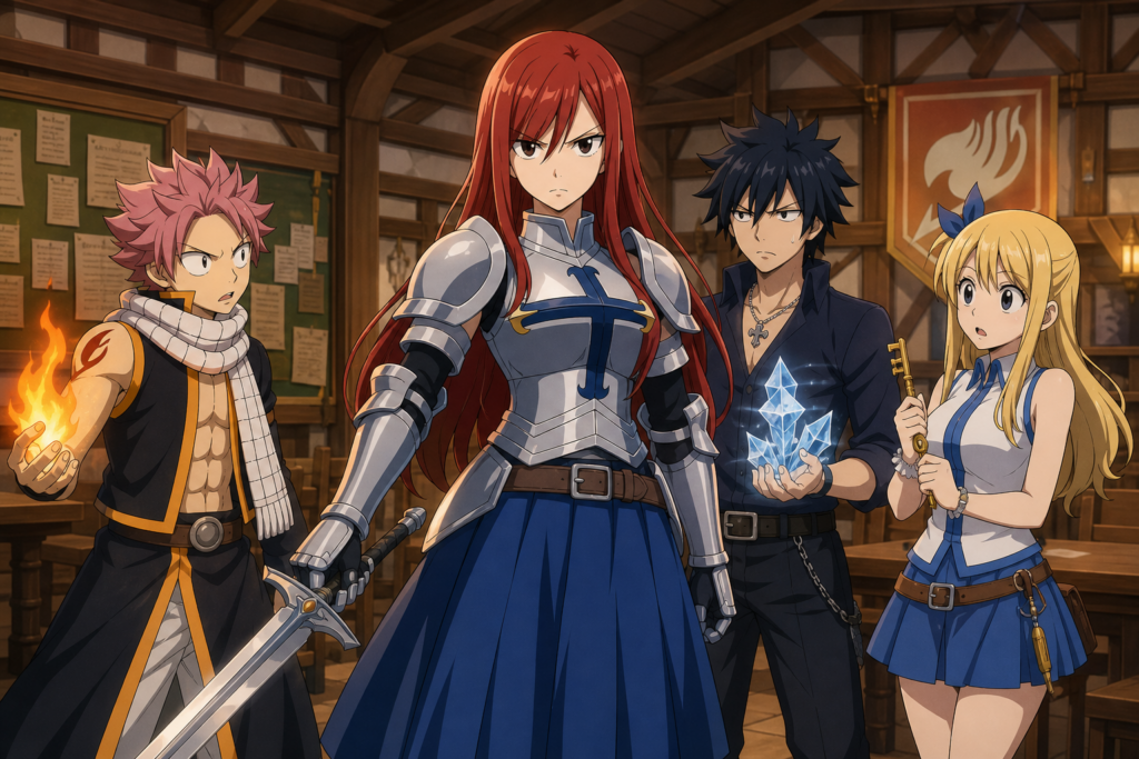 Erza Scarlet stands in armor with her sword between Natsu, Gray and Lucy inside the Fairy Tail guild hall