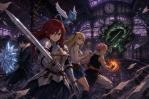 Erza leads Lucy, Gray, Natsu and flying Happy toward the cursed Lullaby flute inside Oshibana Station