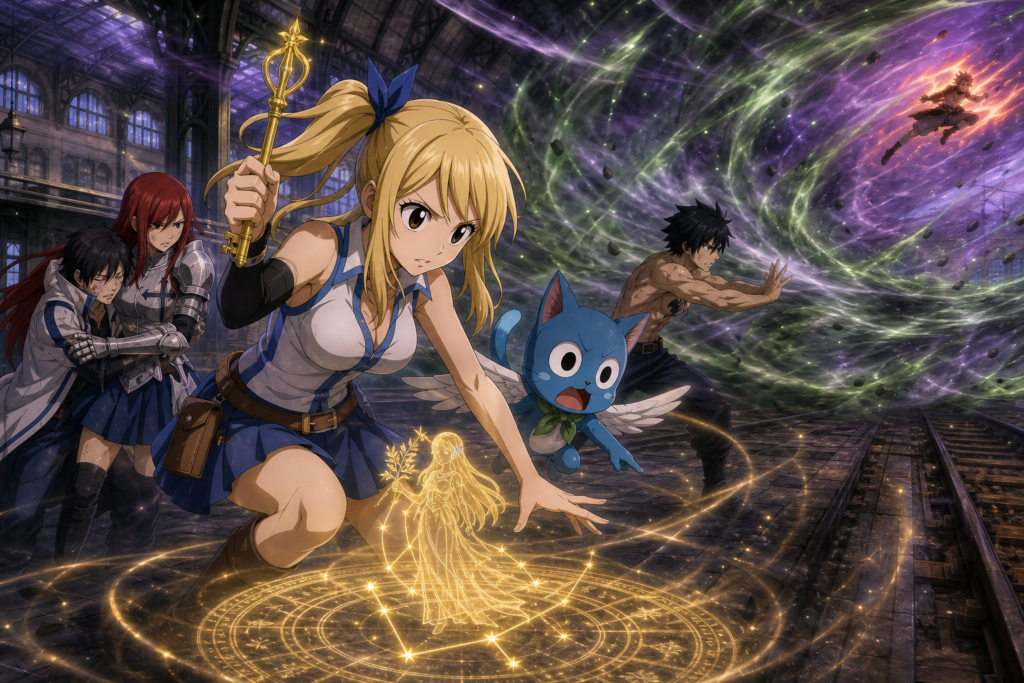 Lucy summons Virgo while Happy, Erza and Gray escape Erigor’s Wind Wall inside Oshibana Station