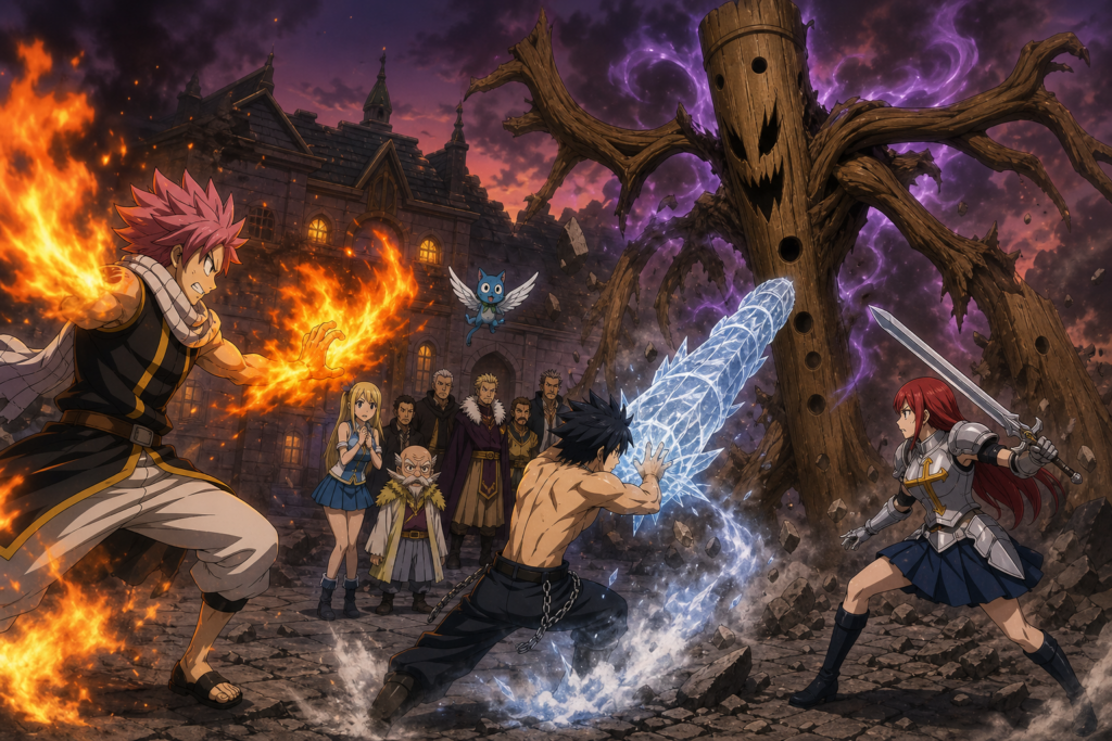 Natsu, Gray and Erza combine fire, Ice-Make and sword attacks against the Lullaby demon while Lucy and Happy watch