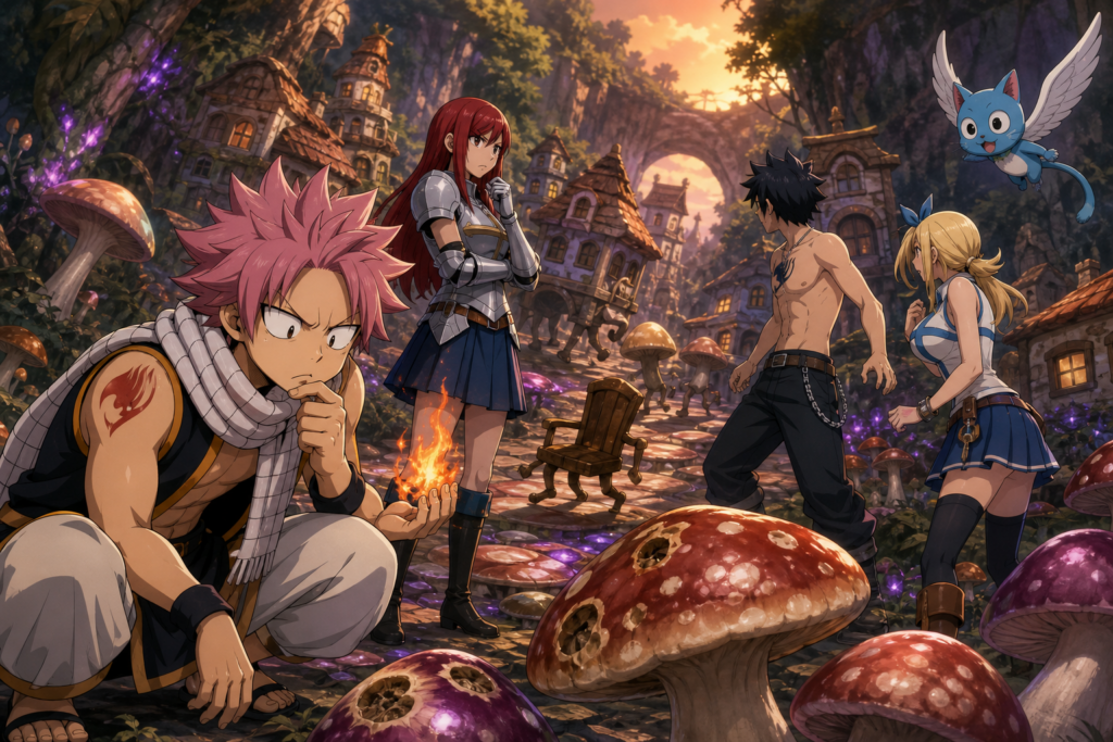 Natsu studies magical mushrooms while Erza, Gray, Lucy and Happy investigate a moving village in Clover Canyon.