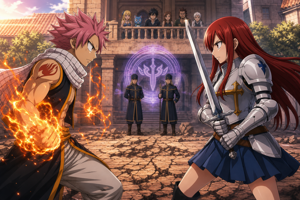 Natsu raises a flaming fist against sword-ready Erza as Magic Council officers interrupt their Fairy Tail guild-yard duel.