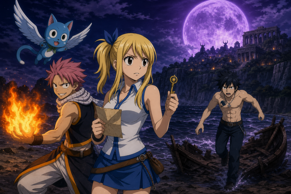 Lucy holds a Celestial Spirit key and stolen request beside Natsu and Happy as angry Gray reaches their wrecked boat under Galuna Island’s violet moon.