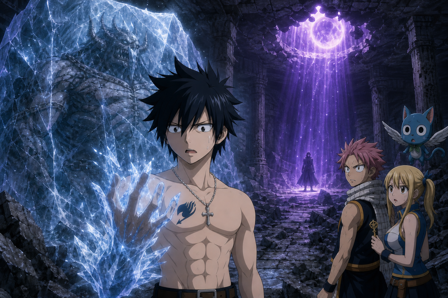Gray recognizes Deliora sealed in ice while violet Moon Drip falls over a distant Reitei and Natsu, Lucy, and Happy watch inside Galuna’s temple.
