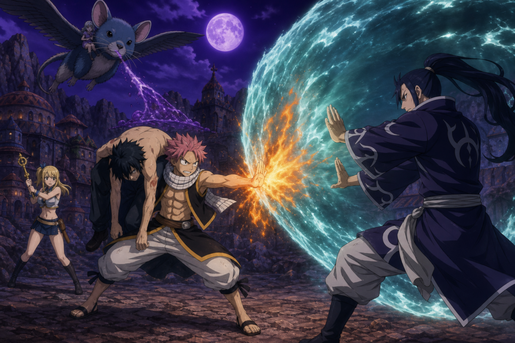 Natsu carries an injured Gray while confronting Yuka's Wave barrier as Lucy and Angelica appear near Galuna village in Fairy Tail Episode 13 fan art