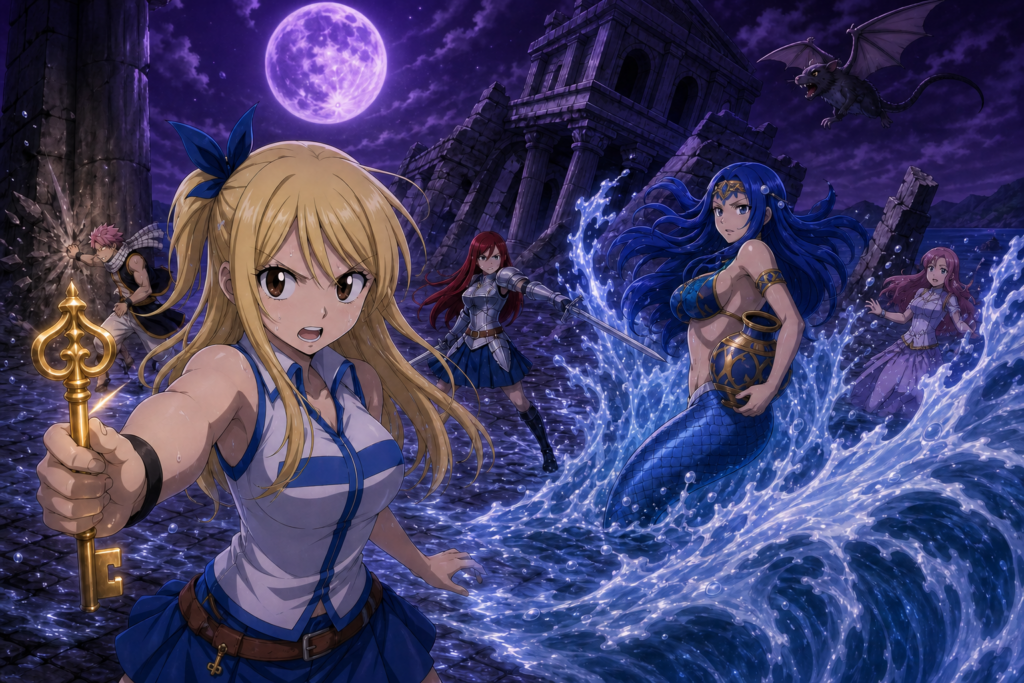 Lucy summons Aquarius against Sherry while Erza arrives and Natsu attacks the Moon Drip temple supports in Fairy Tail Episode 14 fan art