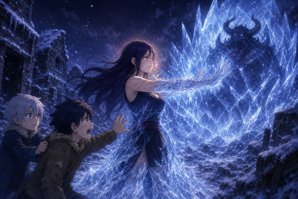 Ur transforms into Iced Shell before young Gray and young Lyon as Deliora is sealed in Fairy Tail Episode 15 fan art.