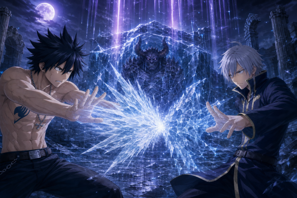 Gray and Lyon clash with Ice-Make magic while Moon Drip melts Deliora's seal in Fairy Tail Episode 16 fan art.