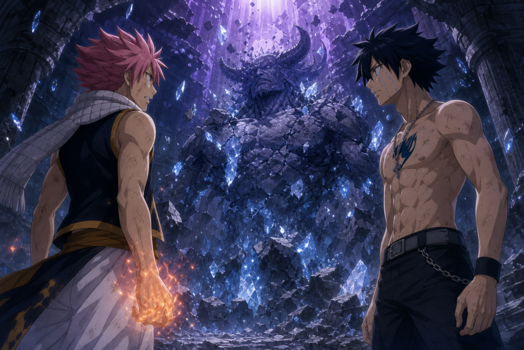 Natsu and Gray watch Deliora crumble from Ur's Iced Shell in Fairy Tail Episode 17 fan art.