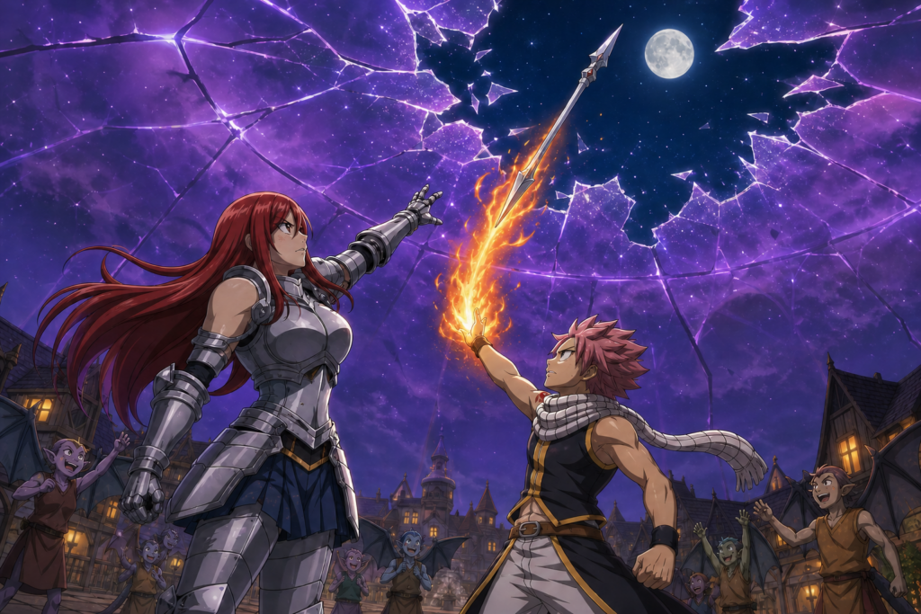 Erza and Natsu break Galuna Island's violet Moon Drip membrane with a flaming lance in Fairy Tail Episode 18 fan art.