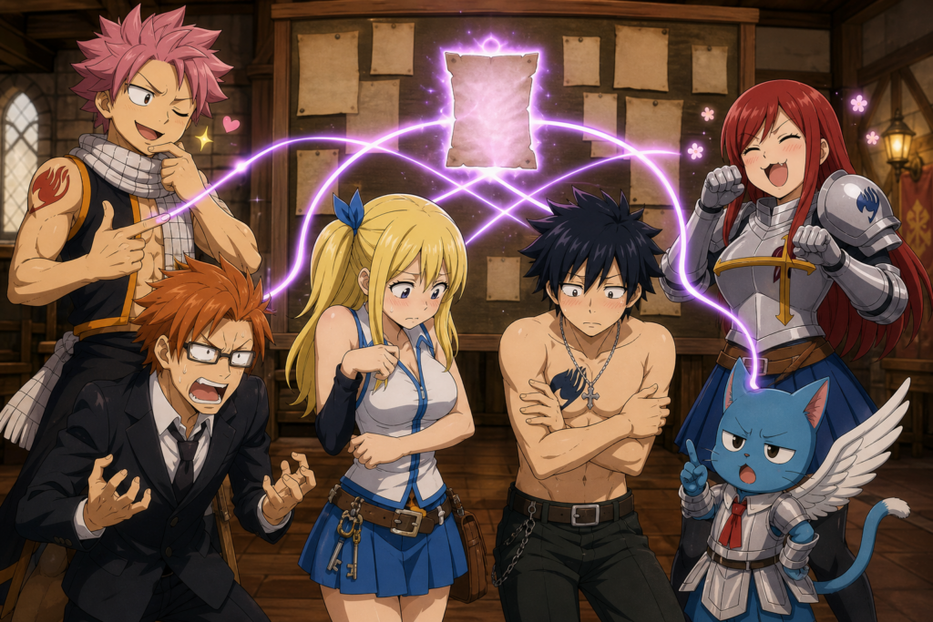 Natsu, Loke, Lucy, Gray, Erza and Happy are connected by Changeling body-swap magic inside the Fairy Tail guild hall.