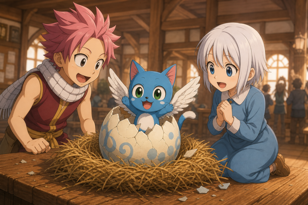Young Natsu and young Lisanna watch Happy hatch from a patterned egg inside the Fairy Tail guild hall.