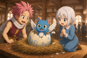 Young Natsu and young Lisanna watch Happy hatch from a patterned egg inside the Fairy Tail guild hall.
