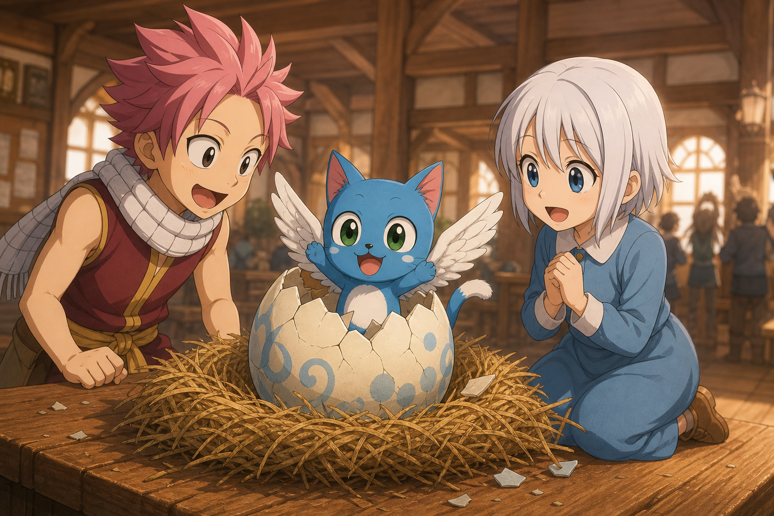 Young Natsu and young Lisanna watch Happy hatch from a patterned egg inside the Fairy Tail guild hall.