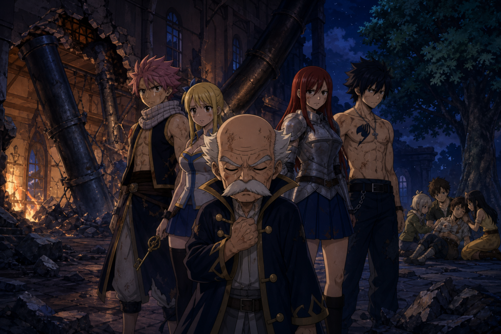 Makarov leads Natsu, Lucy, Erza, and Gray after Phantom Lord attacks Fairy Tail and Shadow Gear.