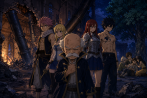 Makarov leads Natsu, Lucy, Erza, and Gray after Phantom Lord attacks Fairy Tail and Shadow Gear.