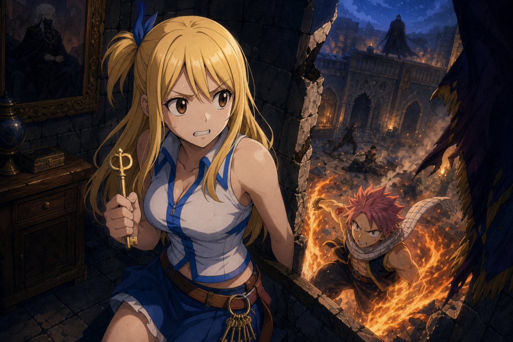 Lucy grips a Celestial Spirit key while Natsu reaches her prison during Fairy Tail Episode 22.