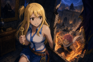 Lucy grips a Celestial Spirit key while Natsu reaches her prison during Fairy Tail Episode 22.
