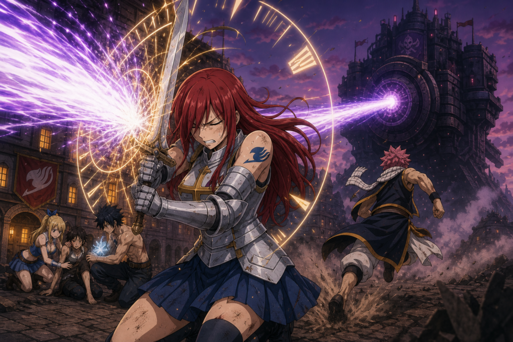 Erza blocks Phantom Lord's Jupiter cannon while Natsu runs to stop its second shot