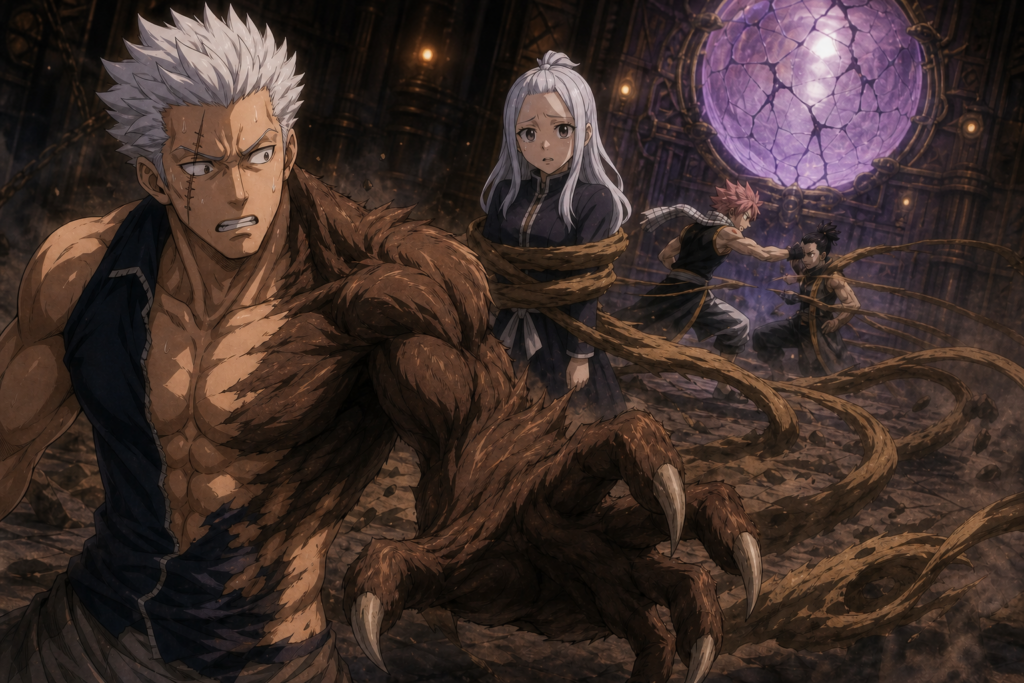 Elfman transforms with organic Beast Soul while Mirajane is trapped and Natsu breaks Jupiter's lacrima