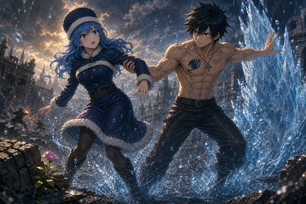 Gray catches Juvia's arm after their battle as her rain begins to clear