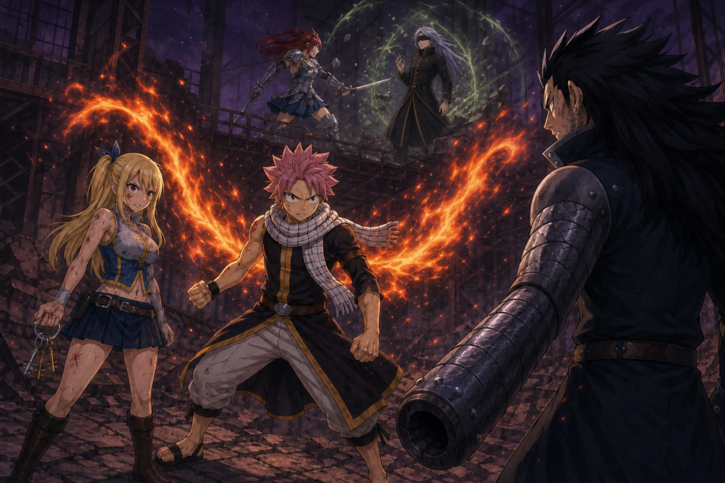 Natsu stands between Lucy and Gajeel with symbolic wings of fire inside Phantom Lord