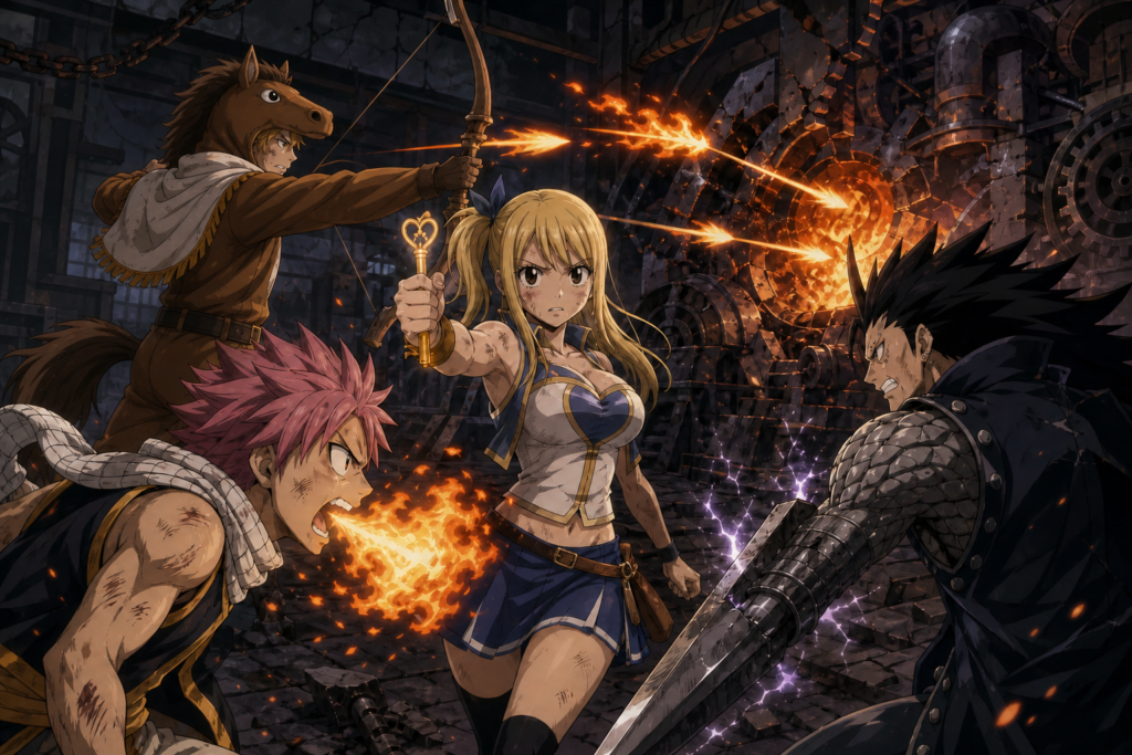 Lucy summons Sagittarius to ignite a furnace so Natsu can refuel against Gajeel